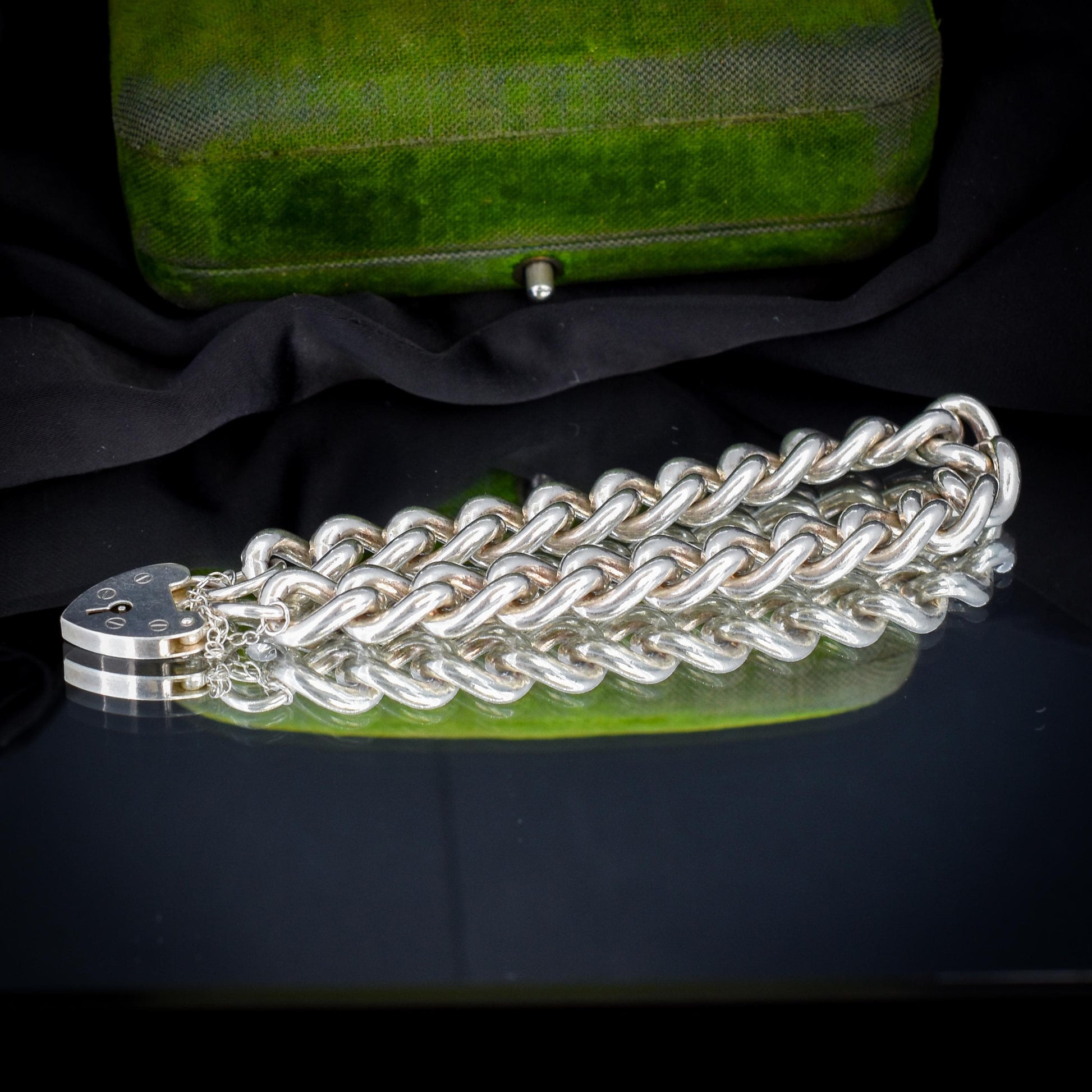 Vintage Heavy Chunky Heart Padlock Sterling Silver Curb Bracelet 7"