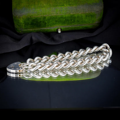 Vintage Heavy Chunky Heart Padlock Sterling Silver Curb Bracelet 7"