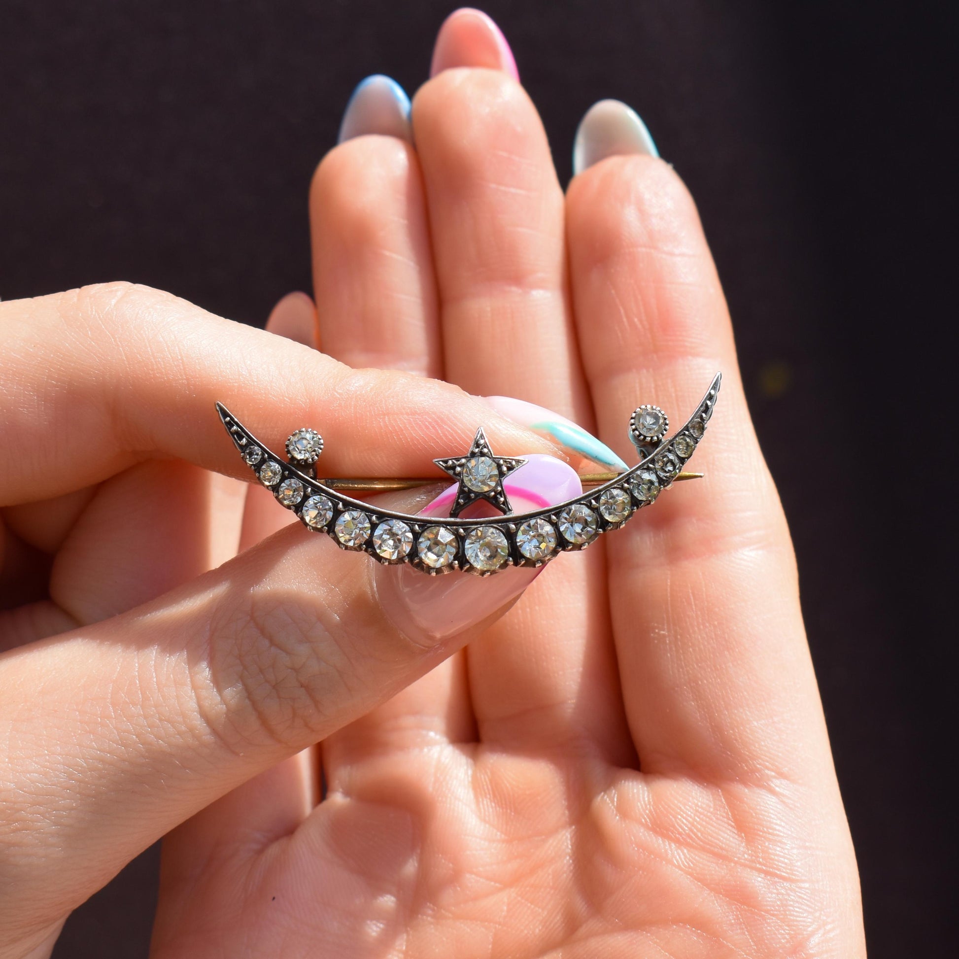 Antique Old Cut Paste Silver Crescent Moon and Star Brooch Pin
