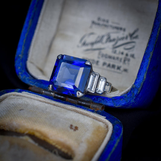 Art Deco Blue Sapphire Sterling Silver Coctail Dress Ring | Antique Vintage