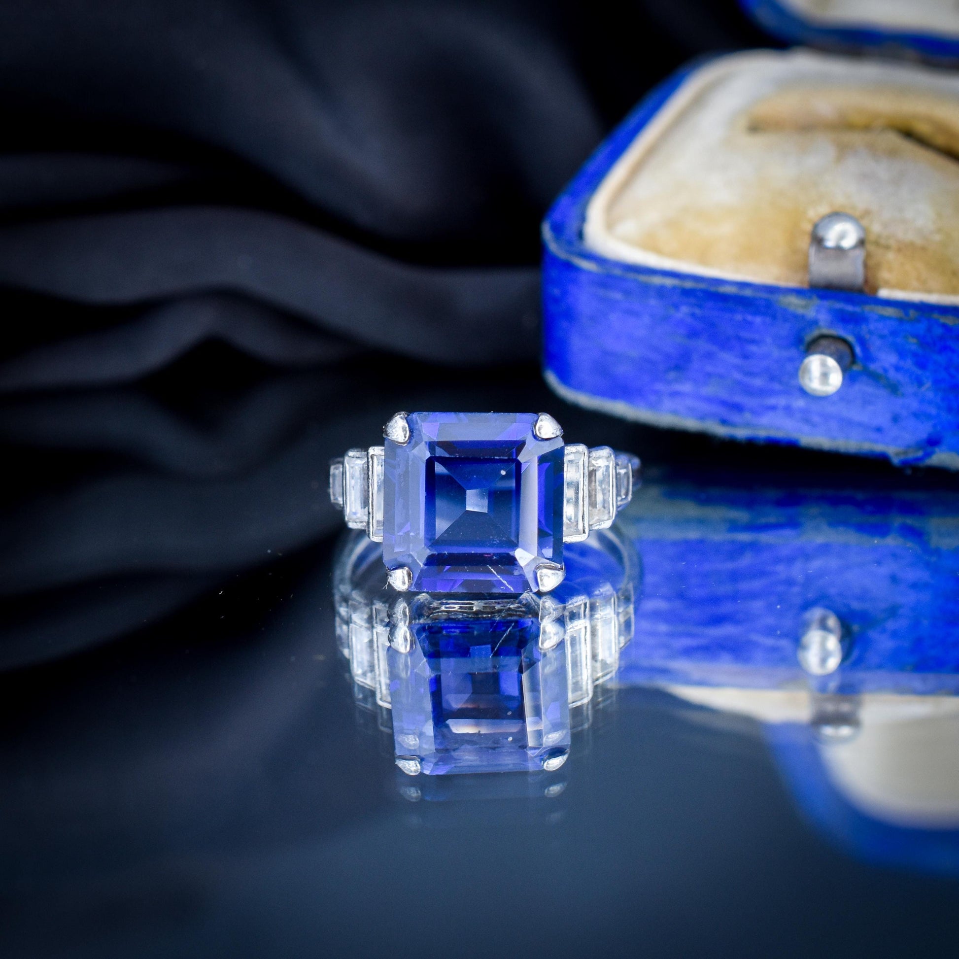 Art Deco Blue Sapphire Sterling Silver Coctail Dress Ring | Antique Vintage