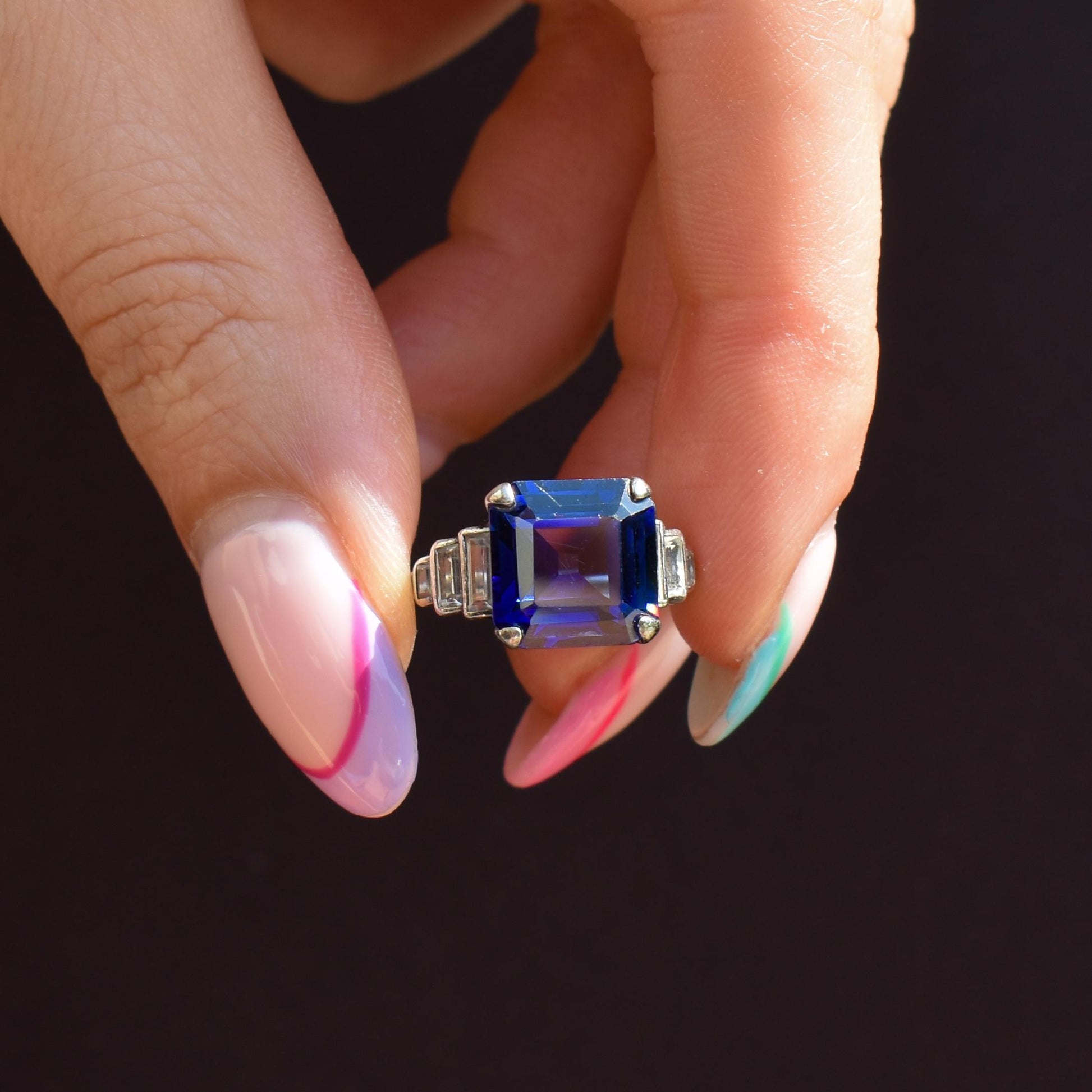 Art Deco Blue Sapphire Sterling Silver Coctail Dress Ring | Antique Vintage