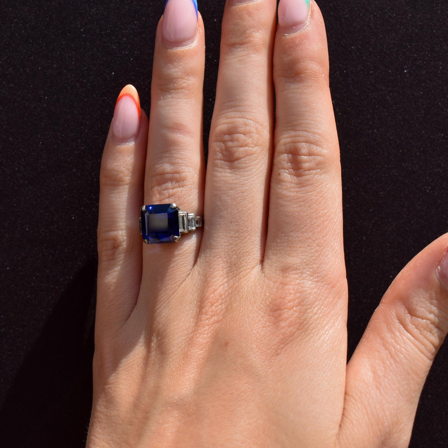 Art Deco Blue Sapphire Sterling Silver Coctail Dress Ring | Antique Vintage