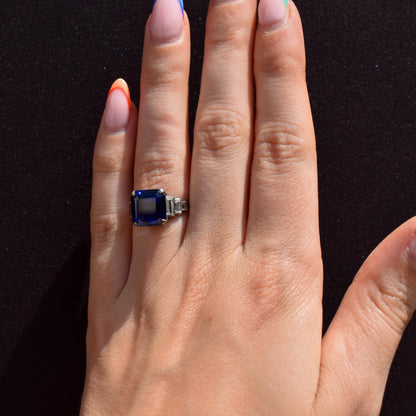 Art Deco Blue Sapphire Sterling Silver Coctail Dress Ring | Antique Vintage