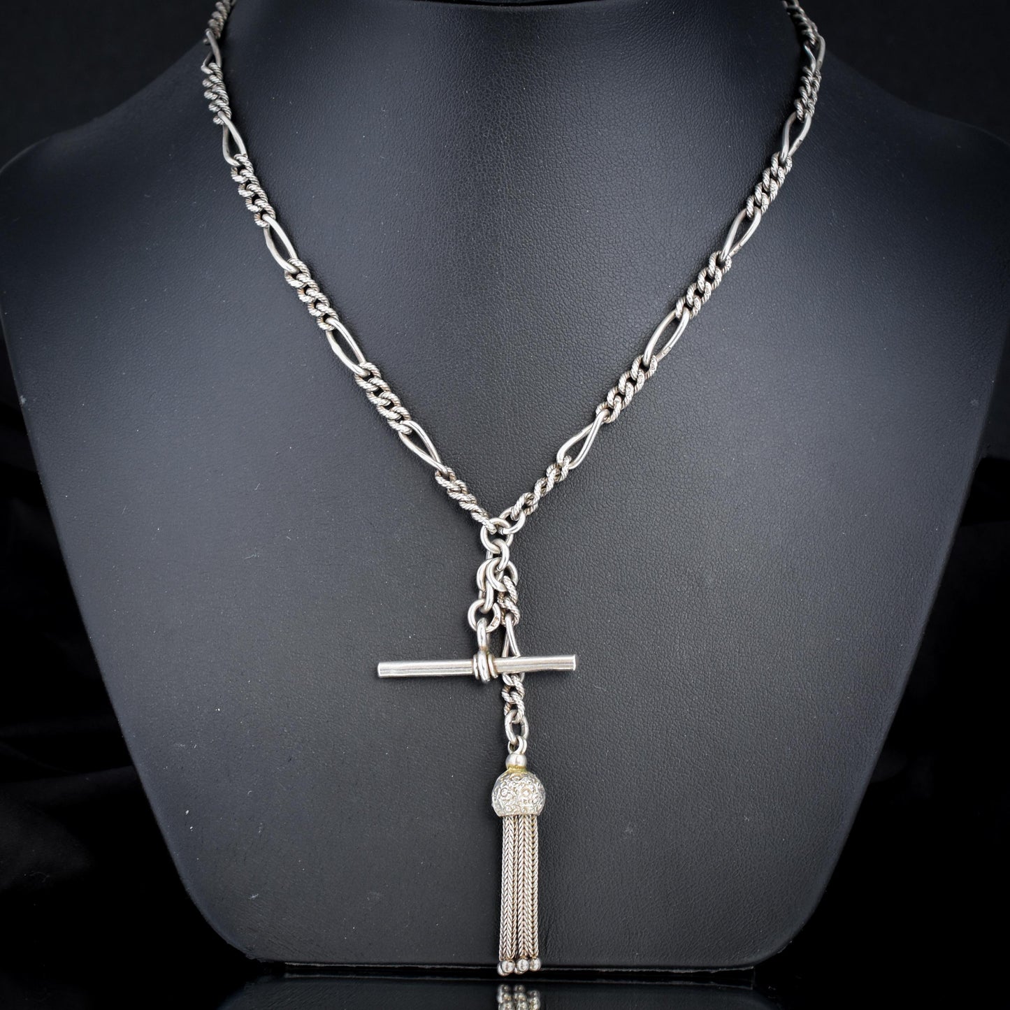 Antique Sterling Silver Figaro Double Albert Watch Chain Necklace with T-bar and Tassel– 16.5″