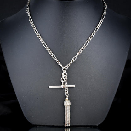 Antique Sterling Silver Figaro Double Albert Watch Chain Necklace with T-bar and Tassel– 16.5″