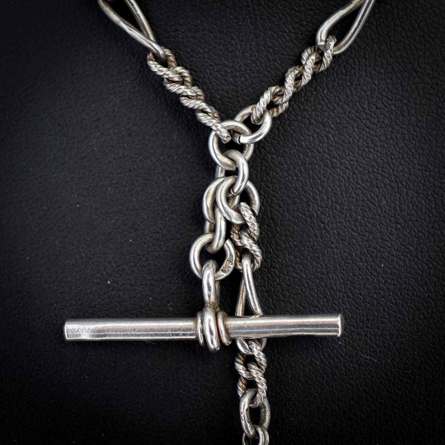 Antique Sterling Silver Figaro Double Albert Watch Chain Necklace with T-bar and Tassel– 16.5″