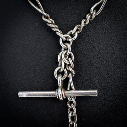 Antique Sterling Silver Figaro Double Albert Watch Chain Necklace with T-bar and Tassel– 16.5″
