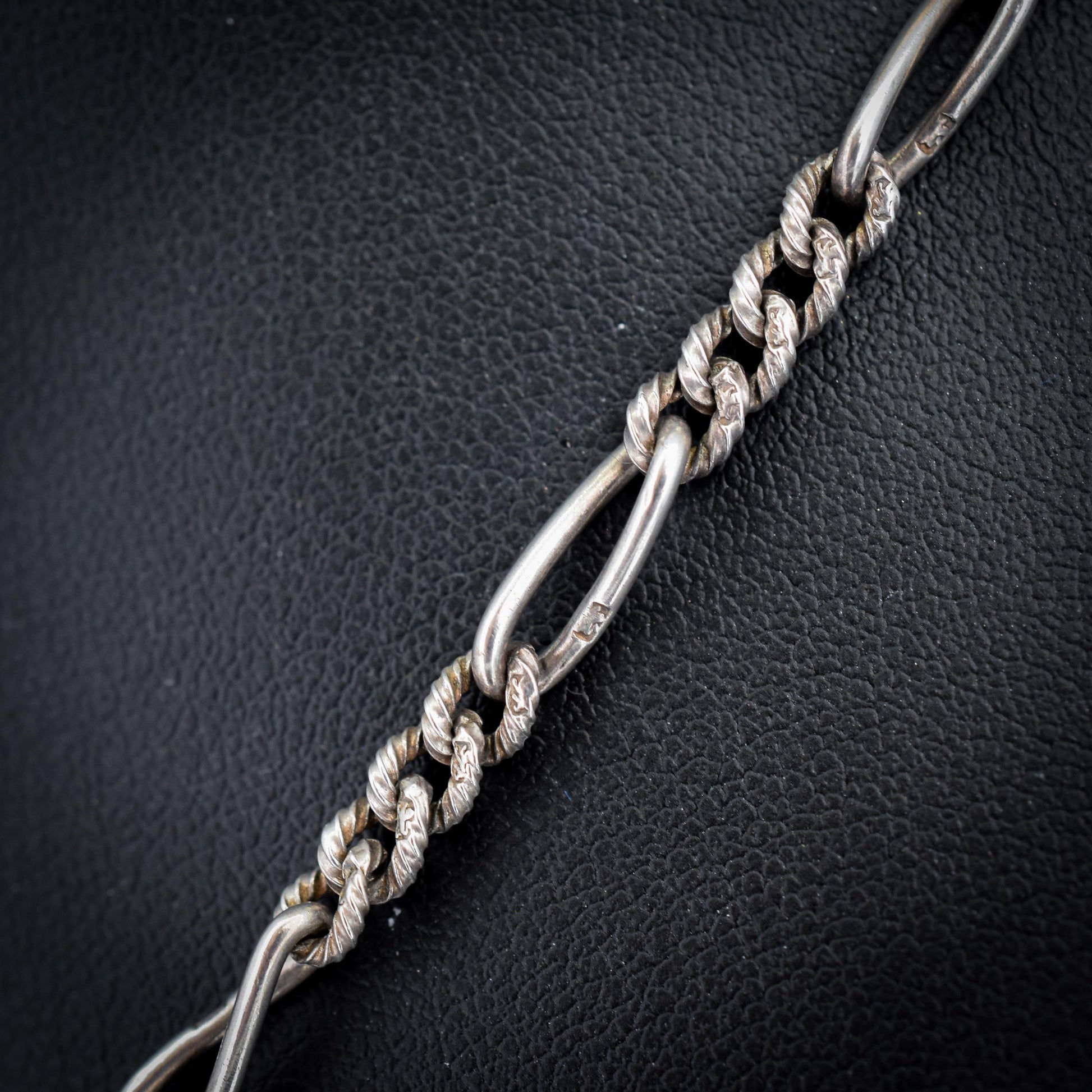 Antique Sterling Silver Figaro Double Albert Watch Chain Necklace with T-bar and Tassel– 16.5″