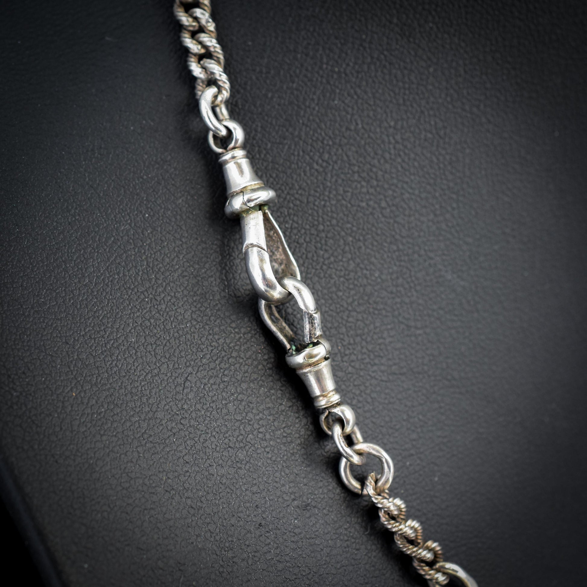 Antique Sterling Silver Figaro Double Albert Watch Chain Necklace with T-bar and Tassel– 16.5″