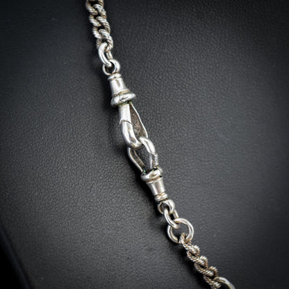 Antique Sterling Silver Figaro Double Albert Watch Chain Necklace with T-bar and Tassel– 16.5″