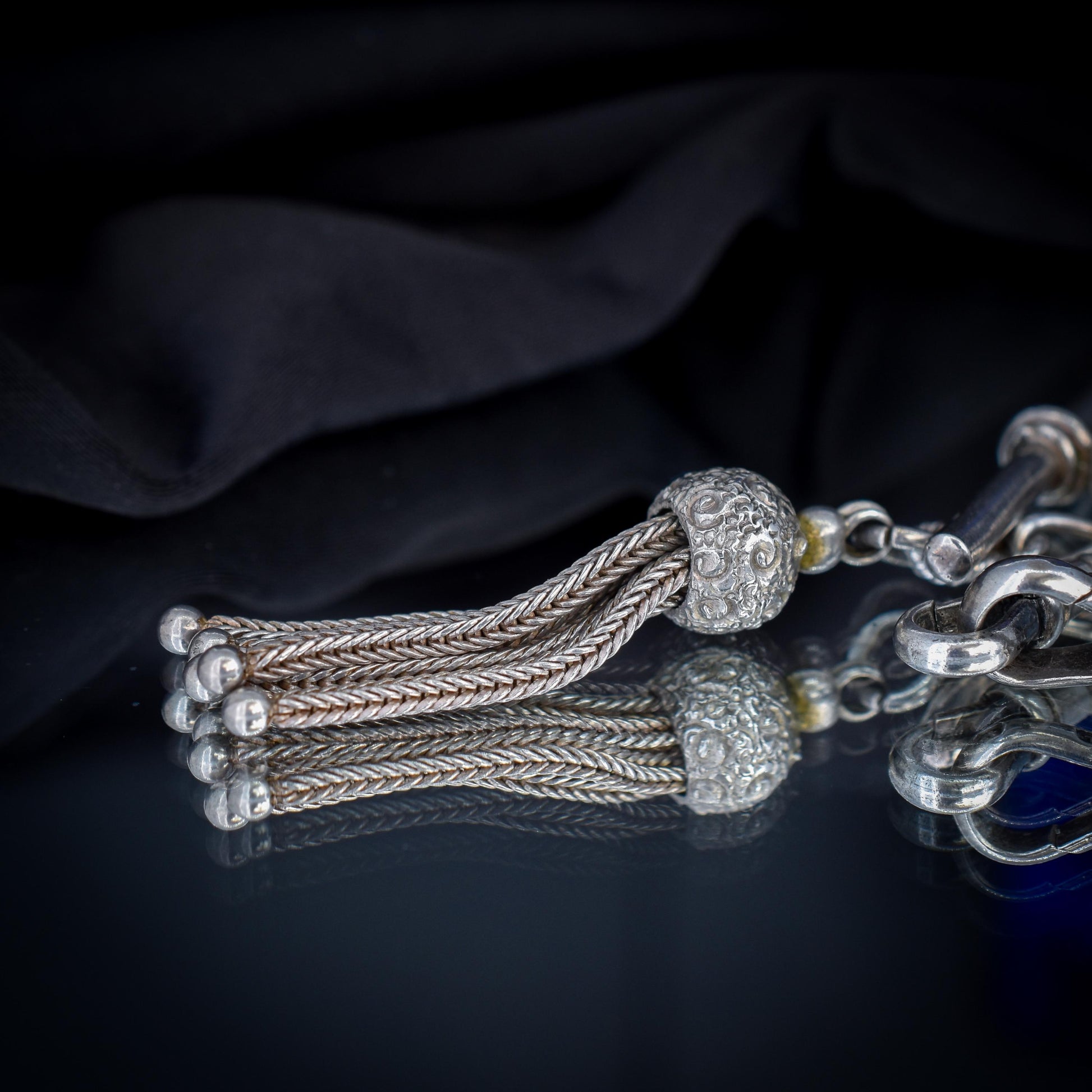 Antique Sterling Silver Figaro Double Albert Watch Chain Necklace with T-bar and Tassel– 16.5″