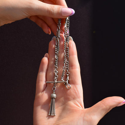 Antique Sterling Silver Figaro Double Albert Watch Chain Necklace with T-bar and Tassel– 16.5″