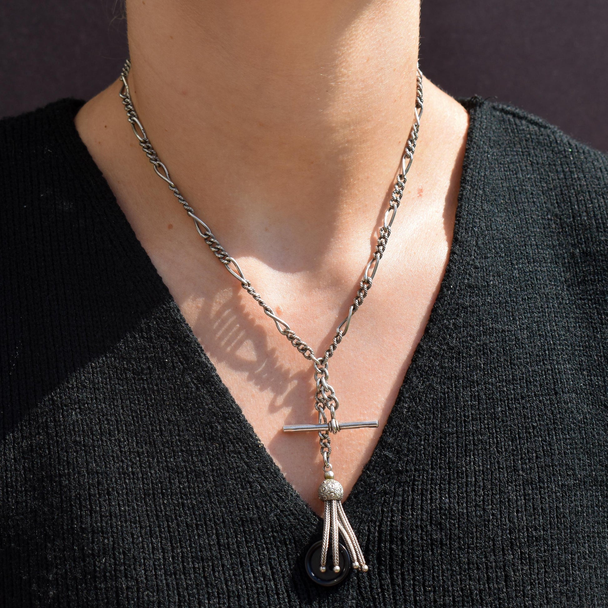 Antique Sterling Silver Figaro Double Albert Watch Chain Necklace with T-bar and Tassel– 16.5″
