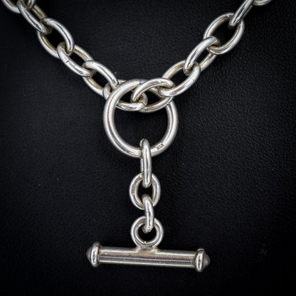 Vintage Sterling Silver Cable Link Watch Chain Necklace with T-Bar and Dog Clips – 22.5"