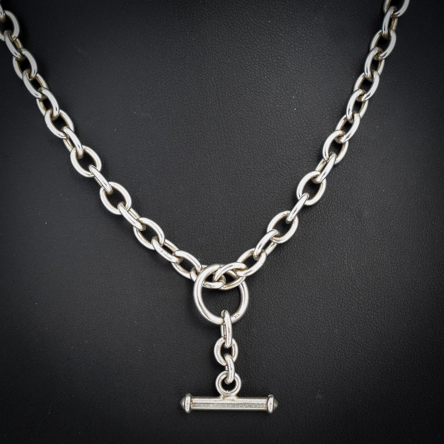 Vintage Sterling Silver Cable Link Watch Chain Necklace with T-Bar and Dog Clips – 22.5"