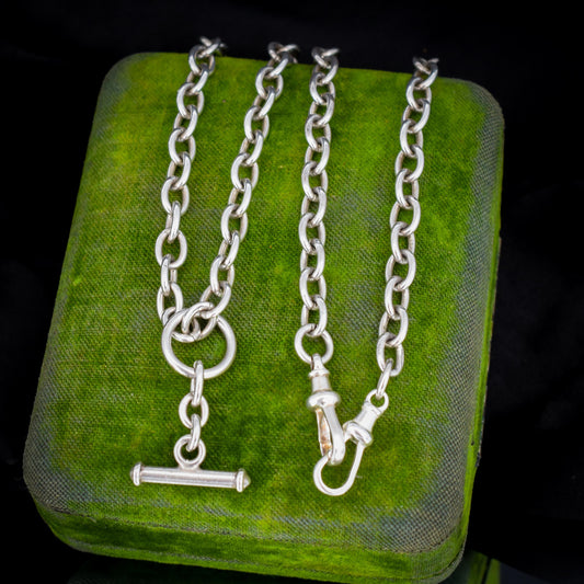Vintage Sterling Silver Cable Link Watch Chain Necklace with T-Bar and Dog Clips – 22.5"