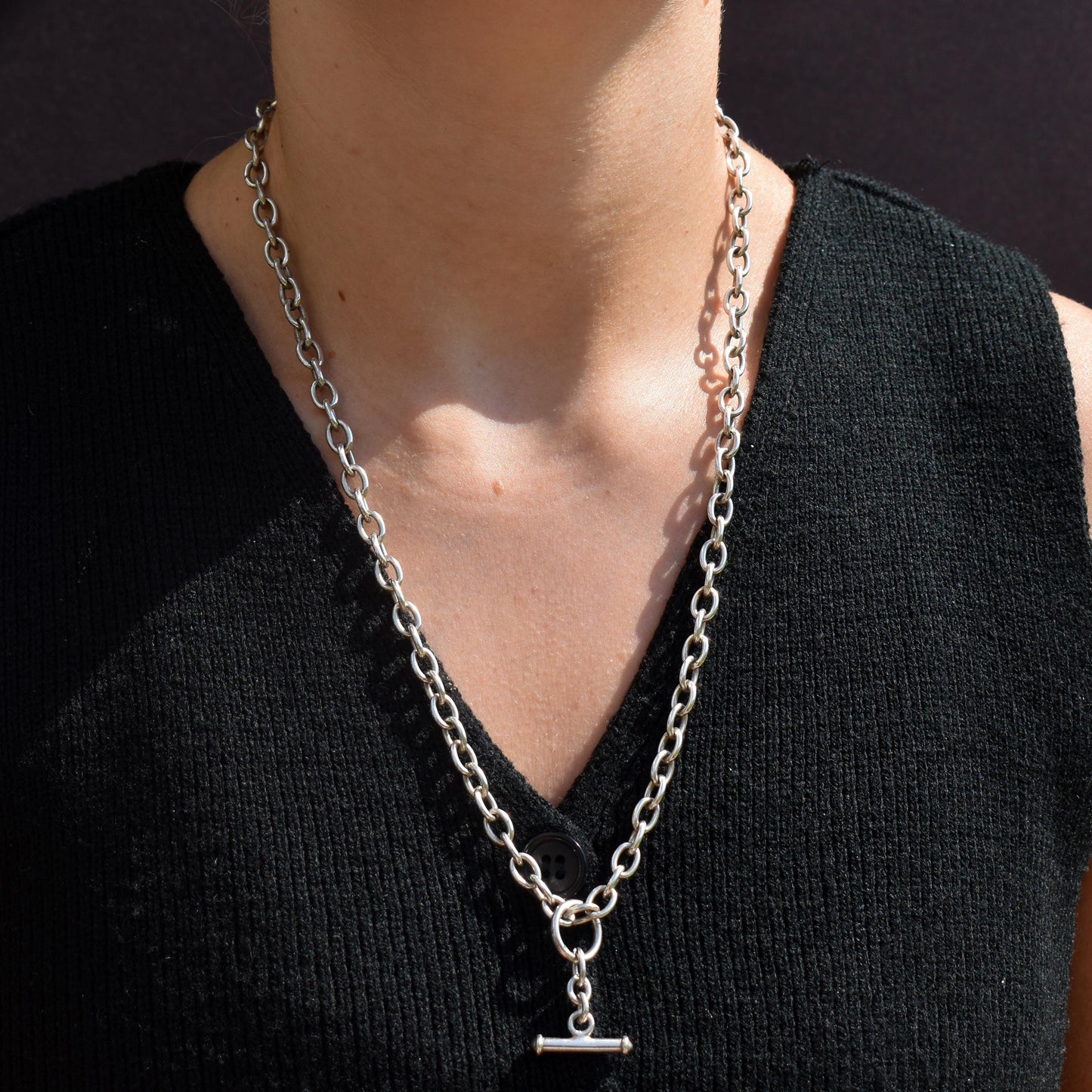Vintage Sterling Silver Cable Link Watch Chain Necklace with T-Bar and Dog Clips – 22.5"