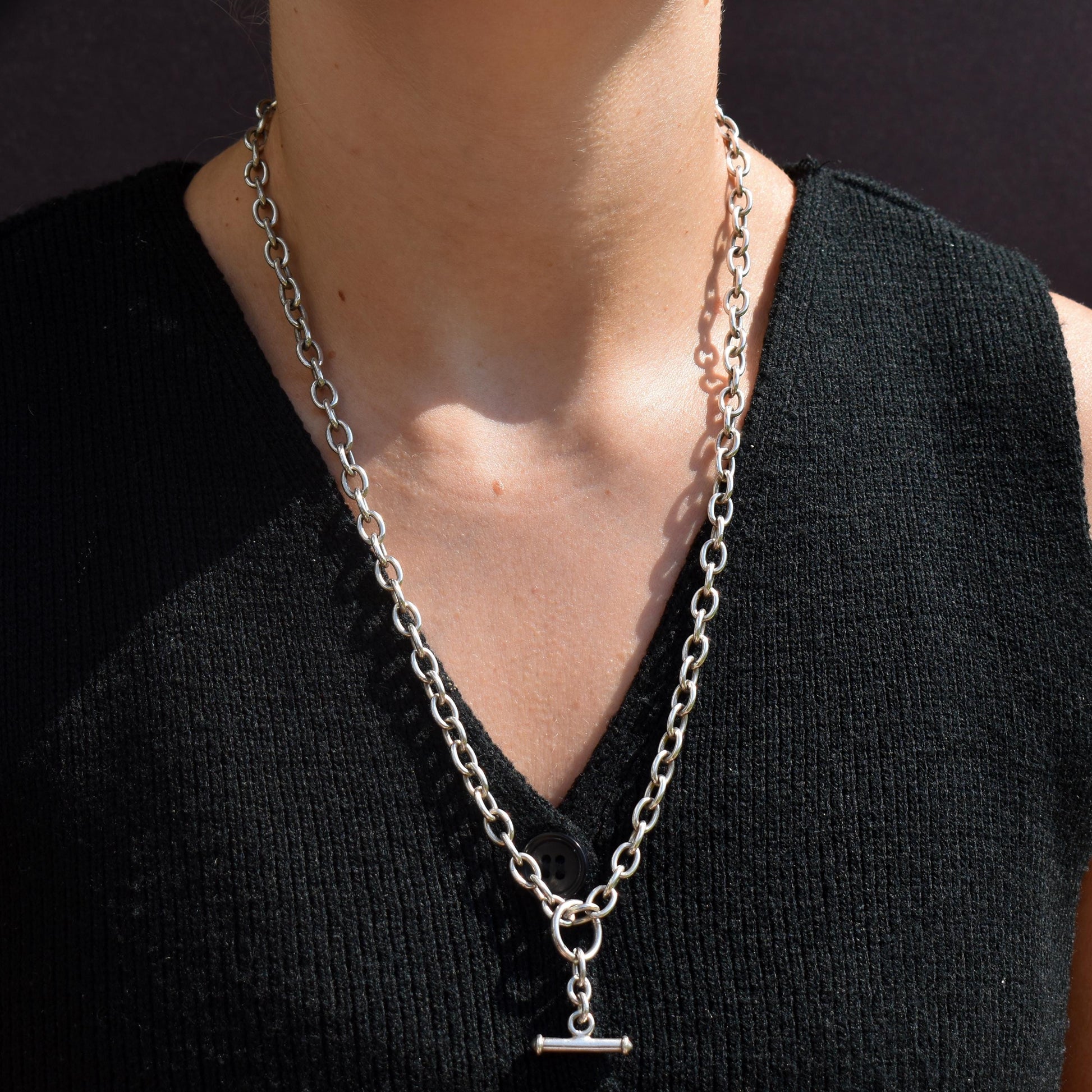 Vintage Sterling Silver Cable Link Watch Chain Necklace with T-Bar and Dog Clips – 22.5"