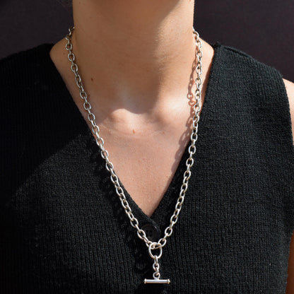 Vintage Sterling Silver Cable Link Watch Chain Necklace with T-Bar and Dog Clips – 22.5"