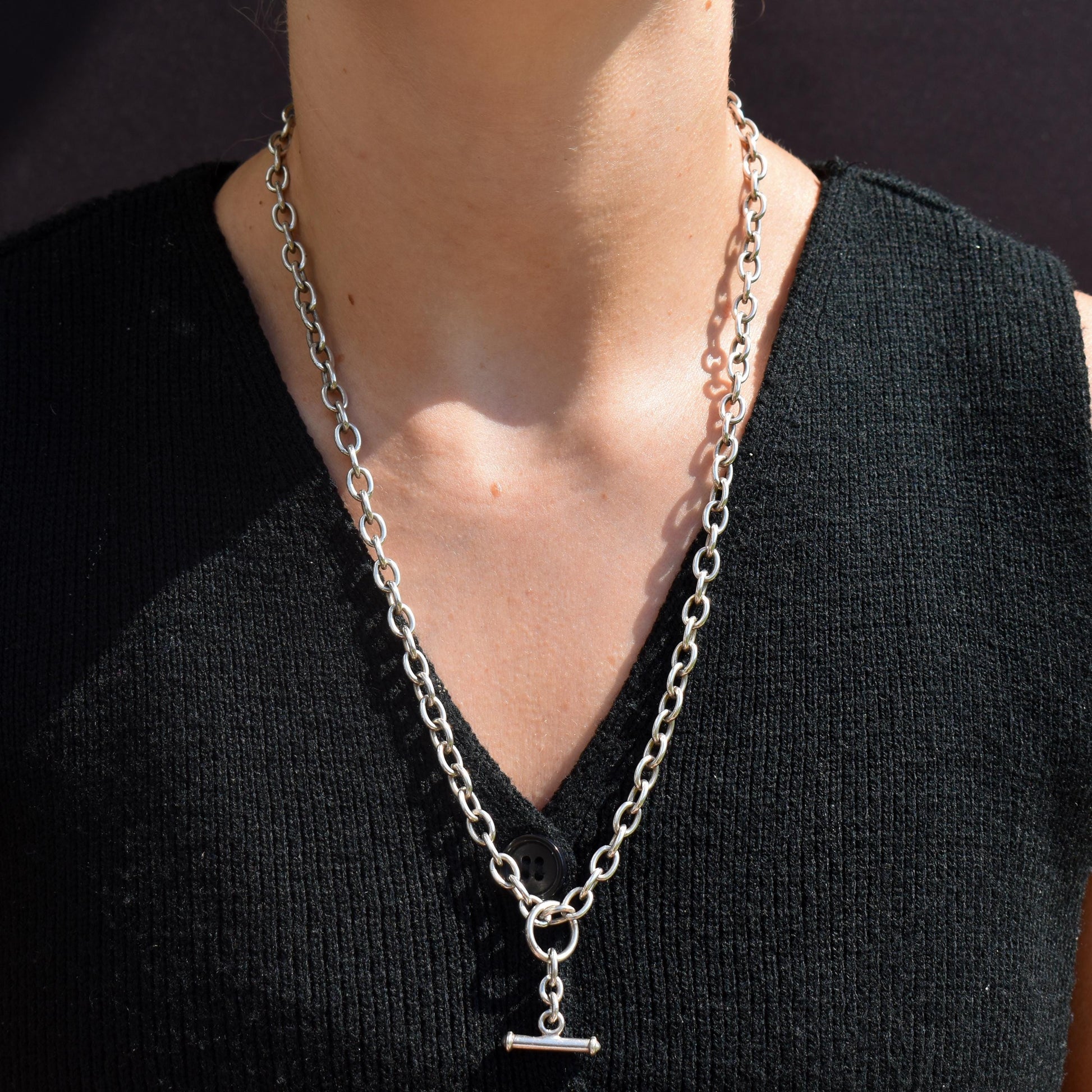 Vintage Sterling Silver Cable Link Watch Chain Necklace with T-Bar and Dog Clips – 22.5"