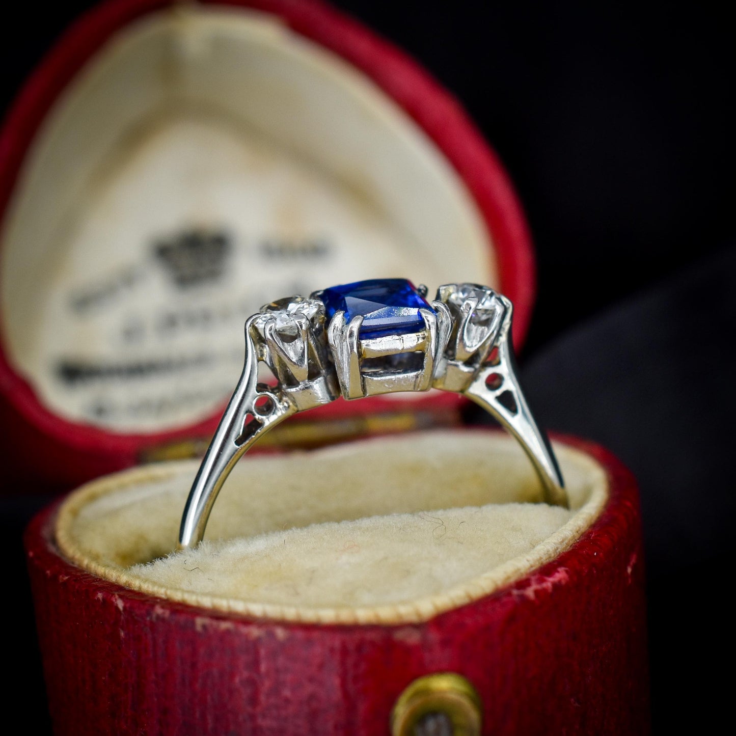 Art Deco Blue Sapphire and Diamond 18ct White Gold and Platinum Ring