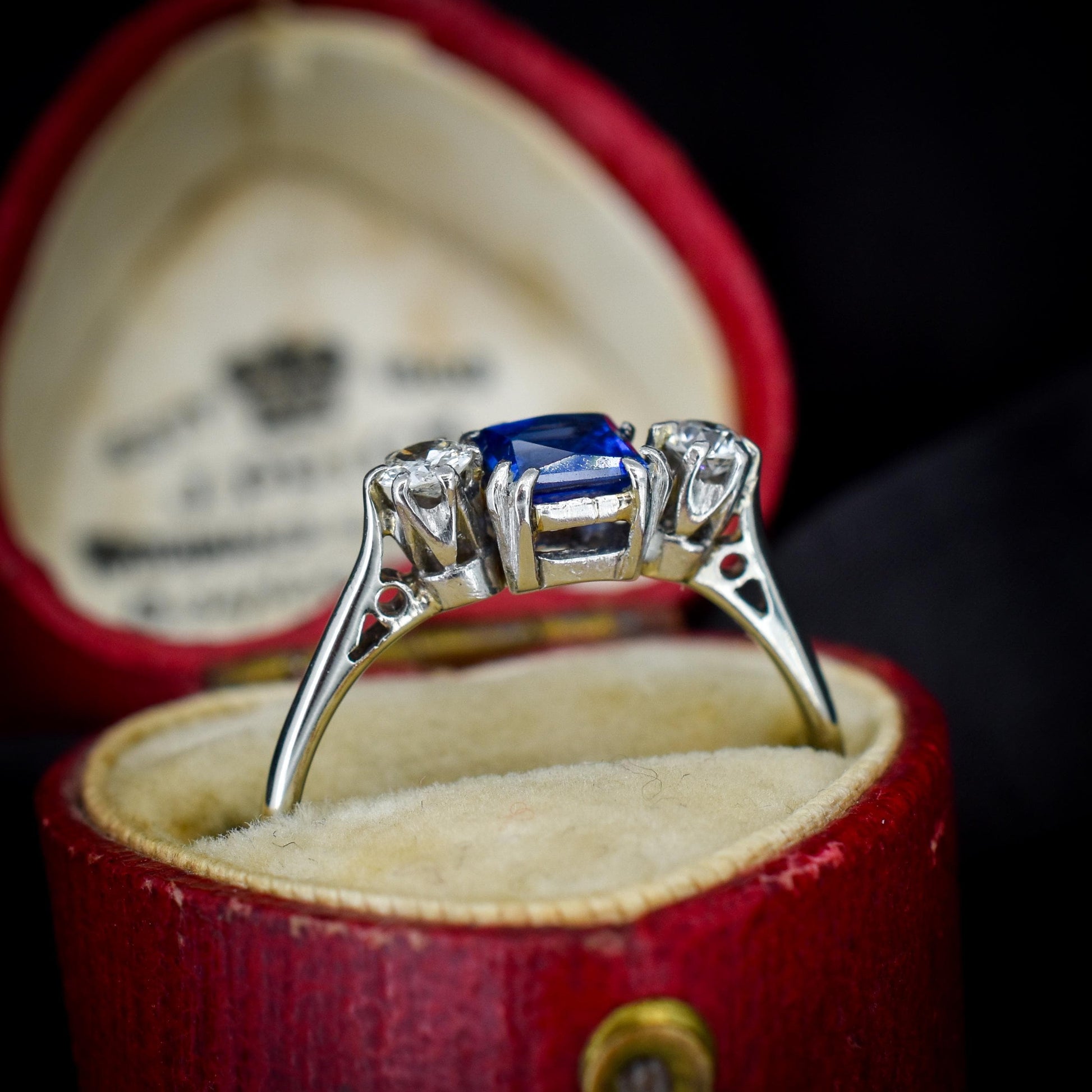 Art Deco Blue Sapphire and Diamond 18ct White Gold and Platinum Ring