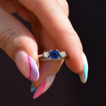 Art Deco Blue Sapphire and Diamond 18ct White Gold and Platinum Ring