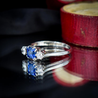 Art Deco Blue Sapphire and Diamond 18ct White Gold and Platinum Ring