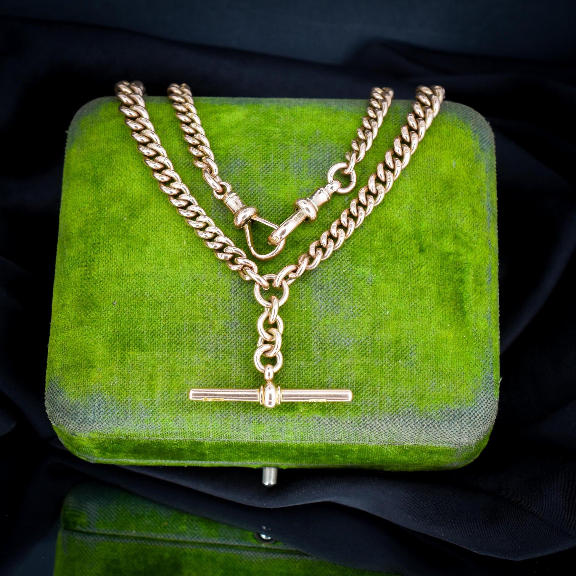 Antique 15.5" 9ct Gold Double Dog Clip Albert Curb Watch Chain Necklace