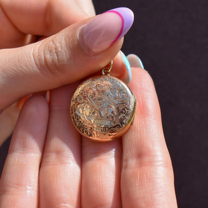 Antique 9ct Gold Engraved Round Fancy Locket | Birmingham 1919