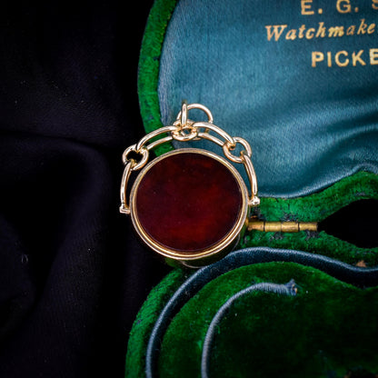 Antique Bloodstone and Carnelian 9ct Gold Spinning Swivel Fob Pendant | Dated 1889