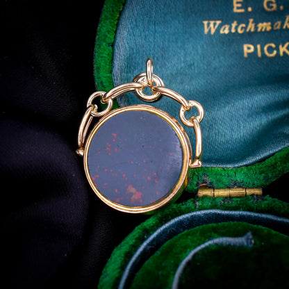 Antique Bloodstone and Carnelian 9ct Gold Spinning Swivel Fob Pendant | Dated 1889