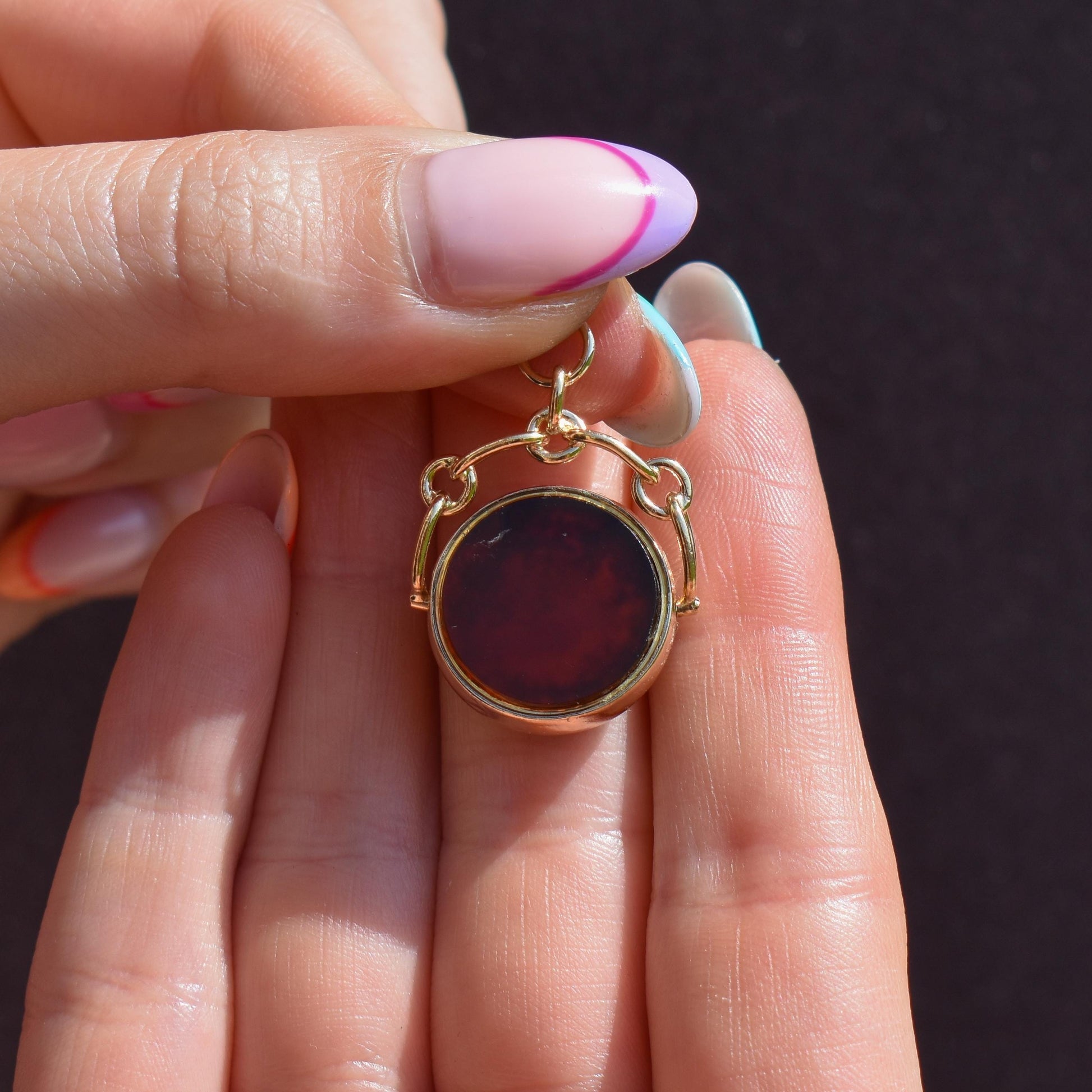Antique Bloodstone and Carnelian 9ct Gold Spinning Swivel Fob Pendant | Dated 1889