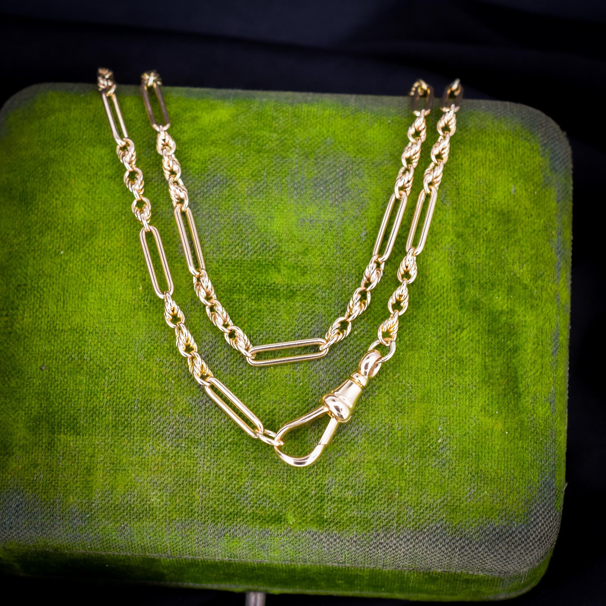 Antique 15ct Yellow Gold Trombone and Love Knot Chain Necklace with Dog Clip | 20.5"