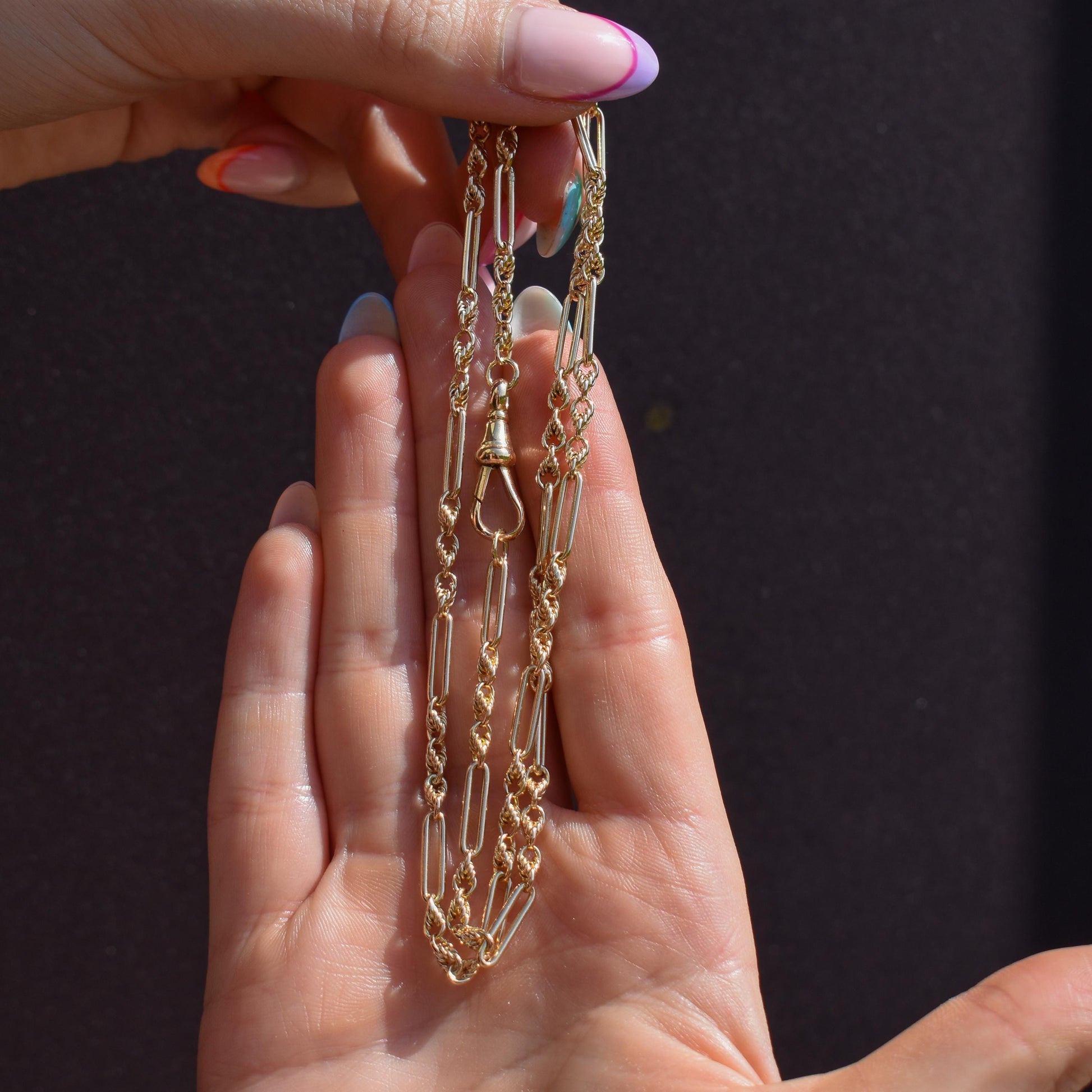 Antique 15ct Yellow Gold Trombone and Love Knot Chain Necklace with Dog Clip | 20.5"