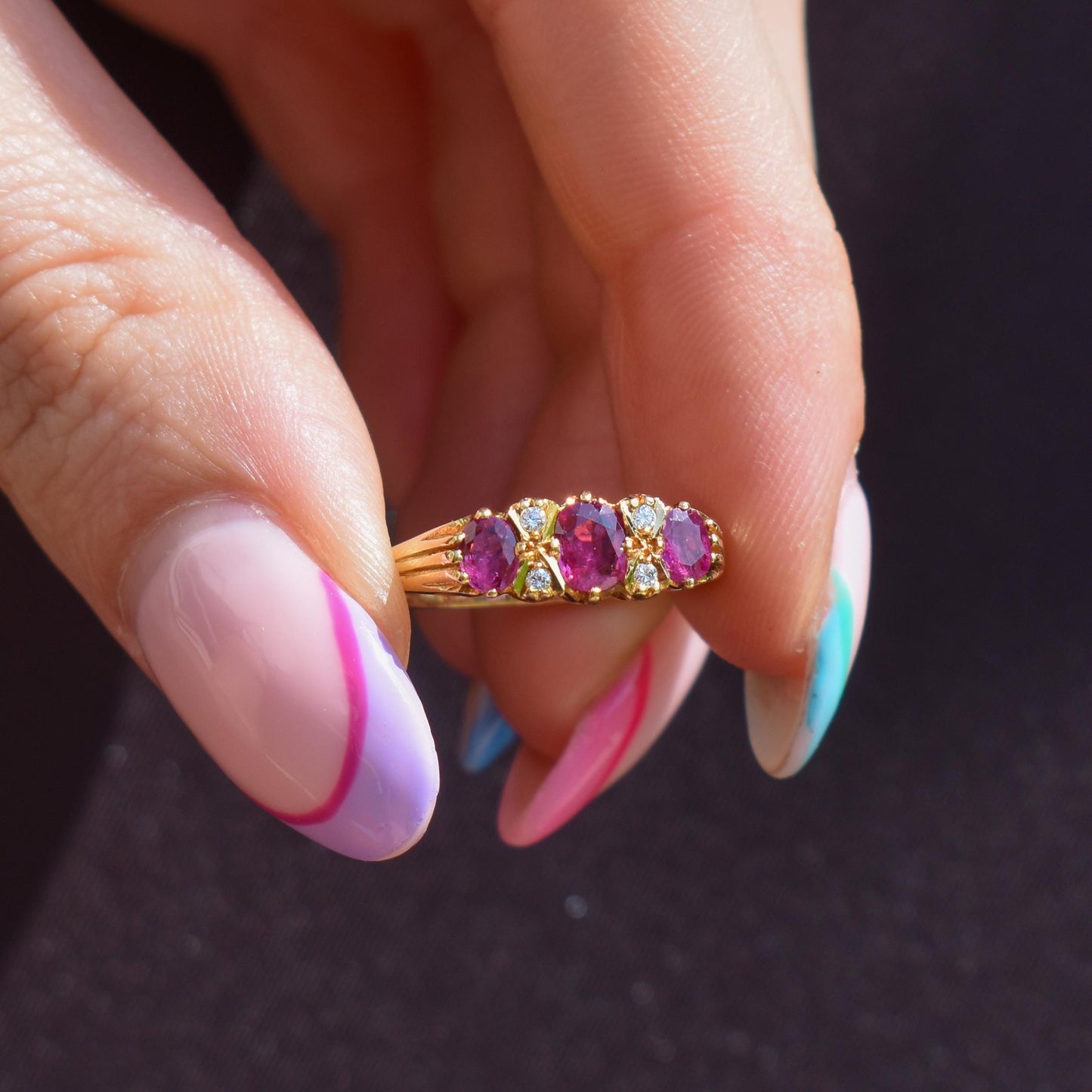 Vintage Ruby and Diamond Three-Stone 18ct Yellow Gold Scroll Ring
