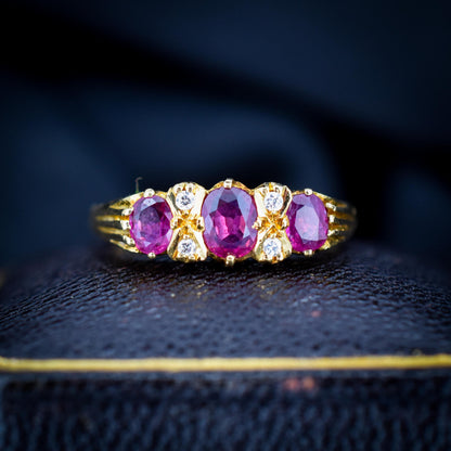 Vintage Ruby and Diamond Three-Stone 18ct Yellow Gold Scroll Ring