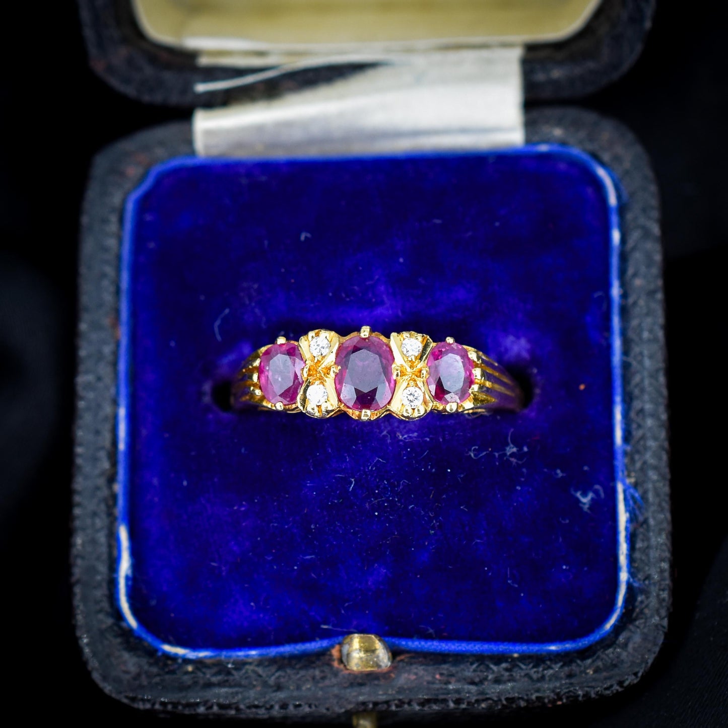 Vintage Ruby and Diamond Three-Stone 18ct Yellow Gold Scroll Ring