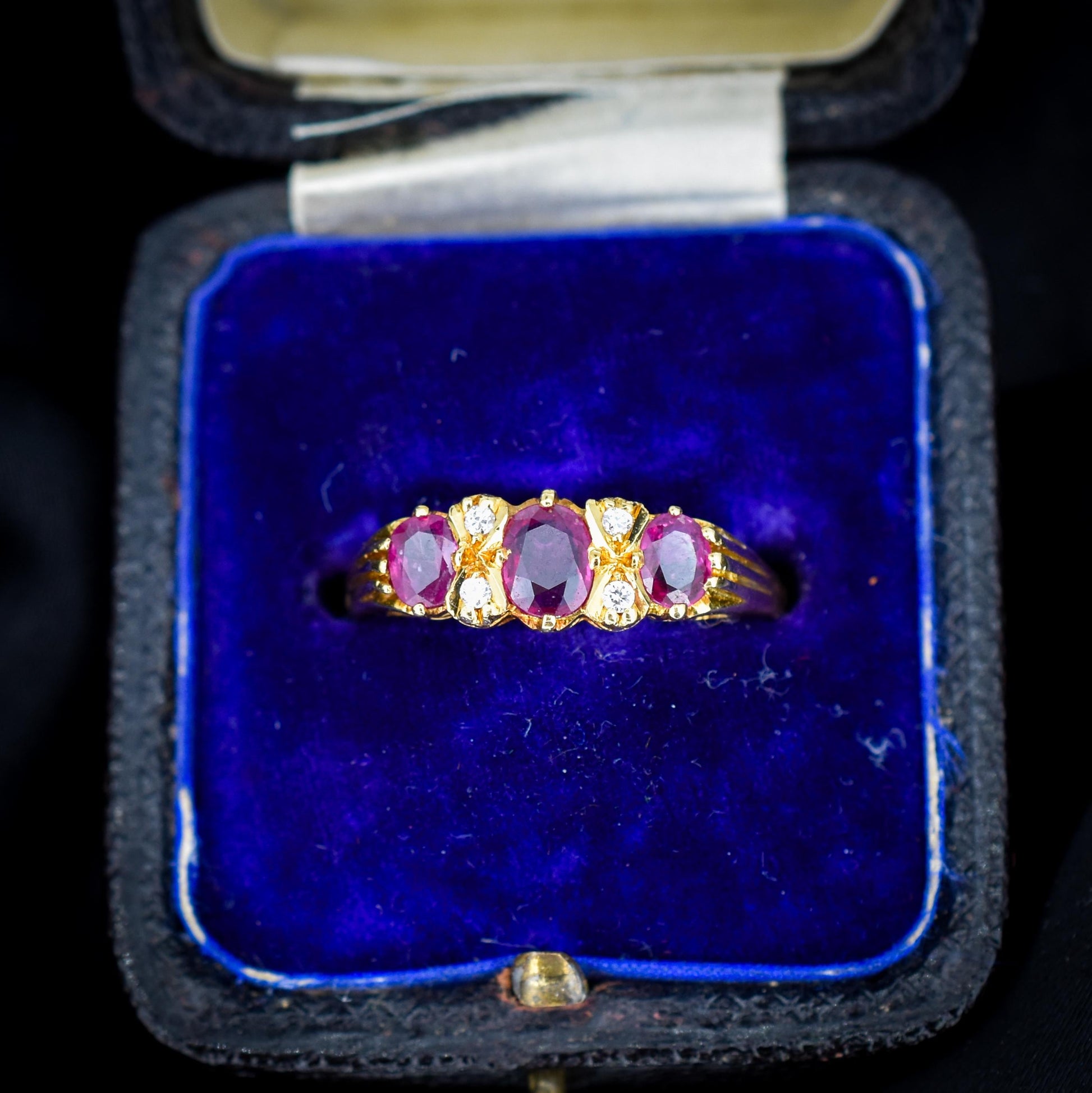 Vintage Ruby and Diamond Three-Stone 18ct Yellow Gold Scroll Ring