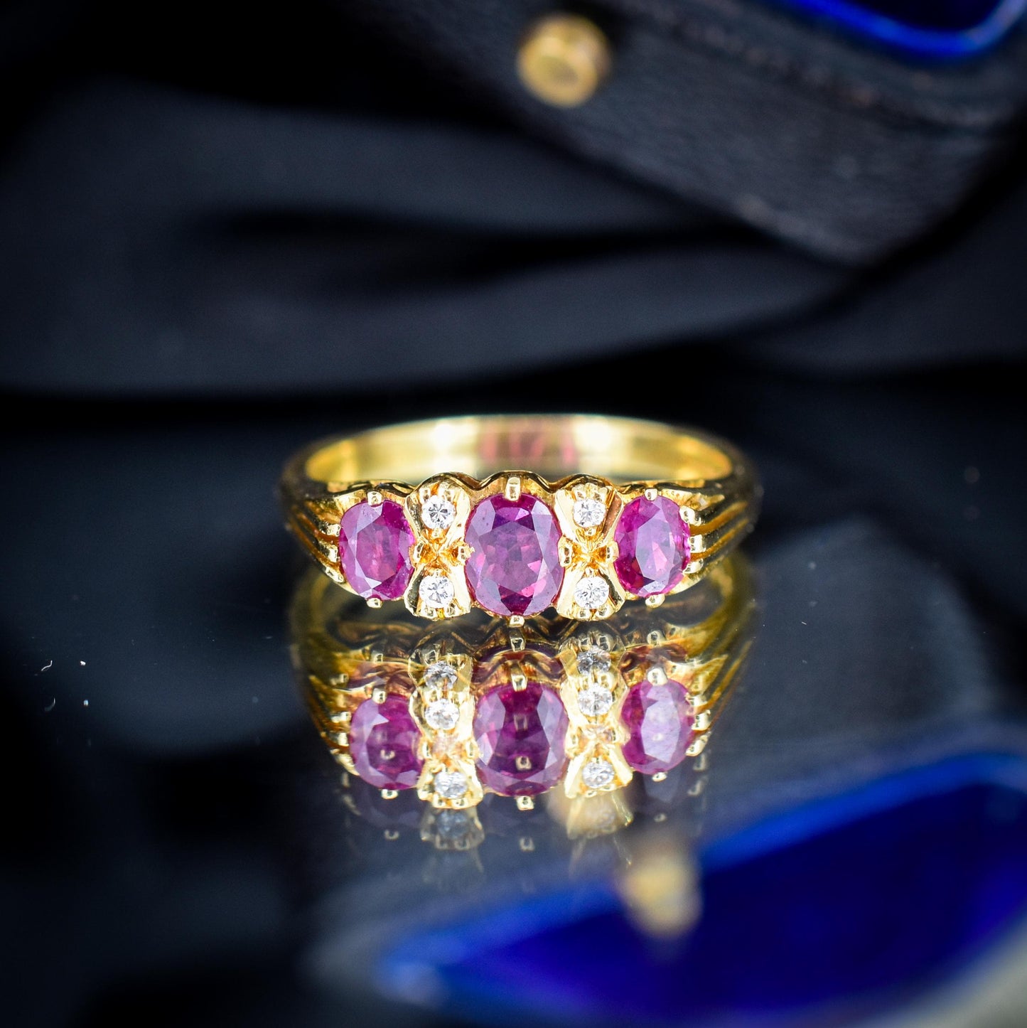 Vintage Ruby and Diamond Three-Stone 18ct Yellow Gold Scroll Ring