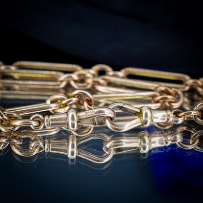 Antique 9ct Rose Gold Trombone Link Albert Chain with Dog Clips and T-Bar | 16.5" length