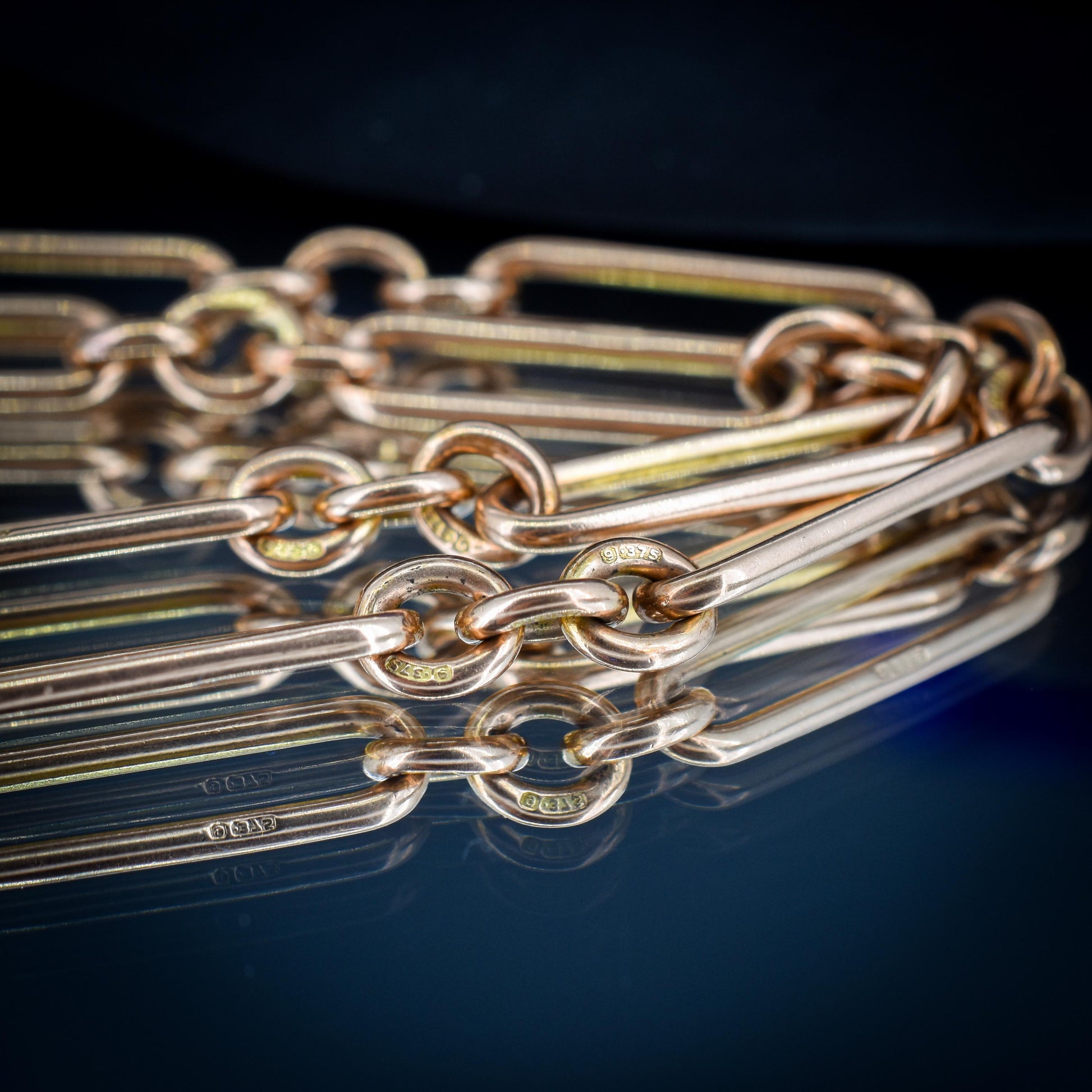 Antique 9ct Rose Gold Trombone Link Albert Chain with Dog Clips and T-Bar | 16.5" length