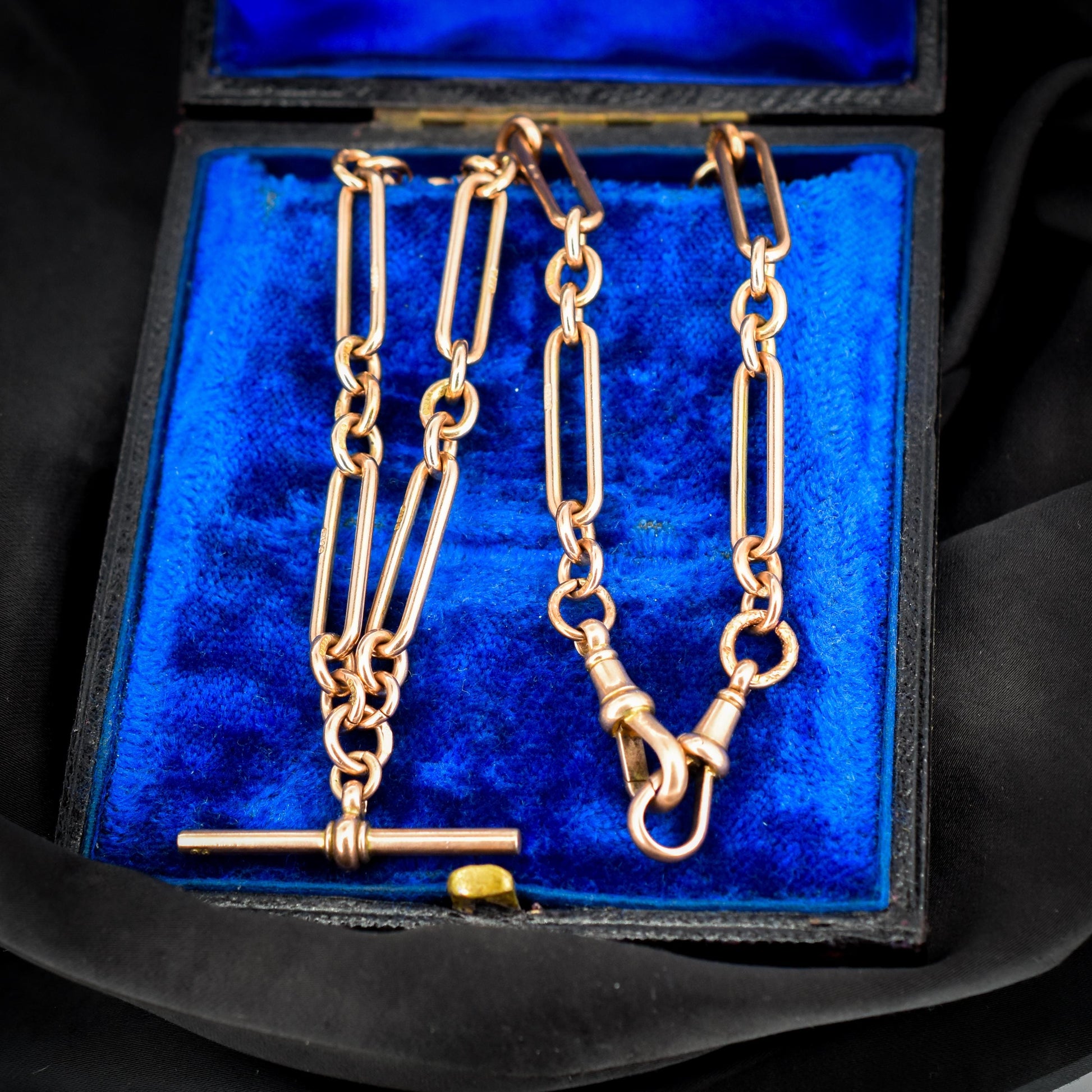 Antique 9ct Rose Gold Trombone Link Albert Chain with Dog Clips and T-Bar | 16.5" length