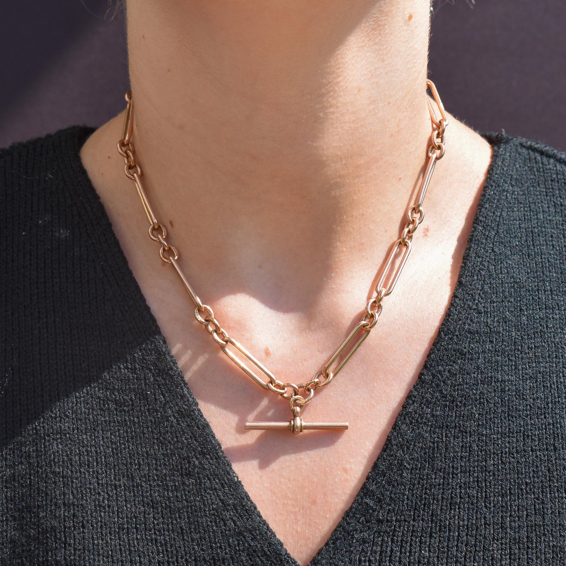 Antique 9ct Rose Gold Trombone Link Albert Chain with Dog Clips and T-Bar | 16.5" length