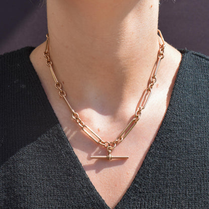 Antique 9ct Rose Gold Trombone Link Albert Chain with Dog Clips and T-Bar | 16.5" length