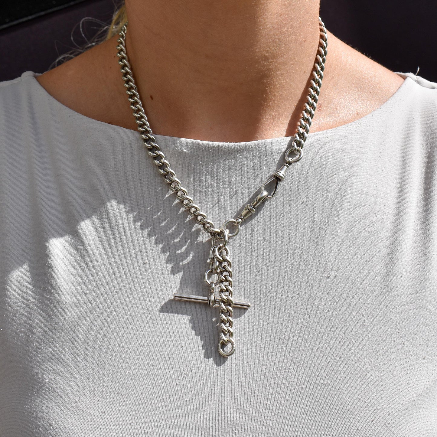 Antique Sterling Silver Curb Link Slider Double Albert Watch Chain – 17.25"