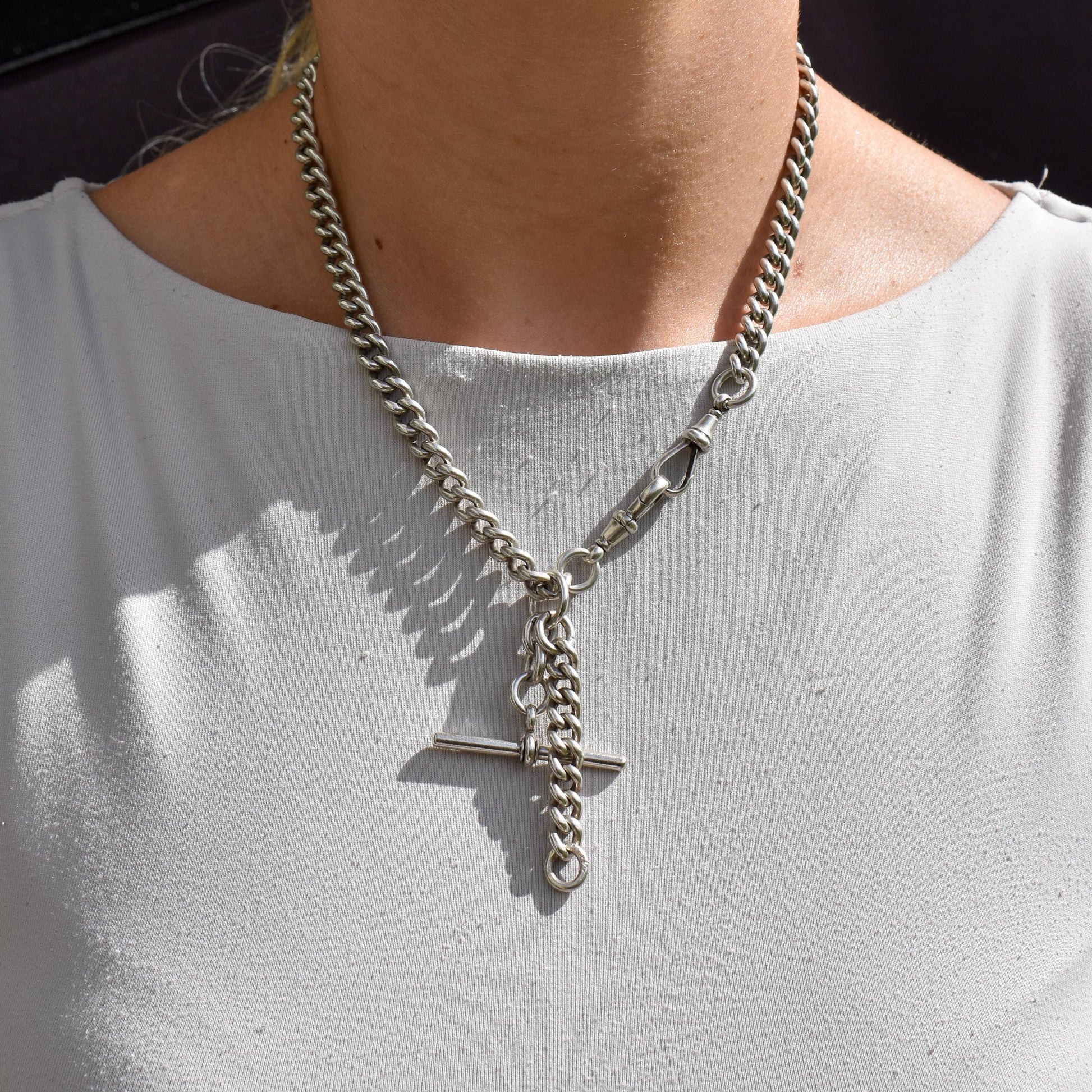 Antique Sterling Silver Curb Link Slider Double Albert Watch Chain – 17.25"