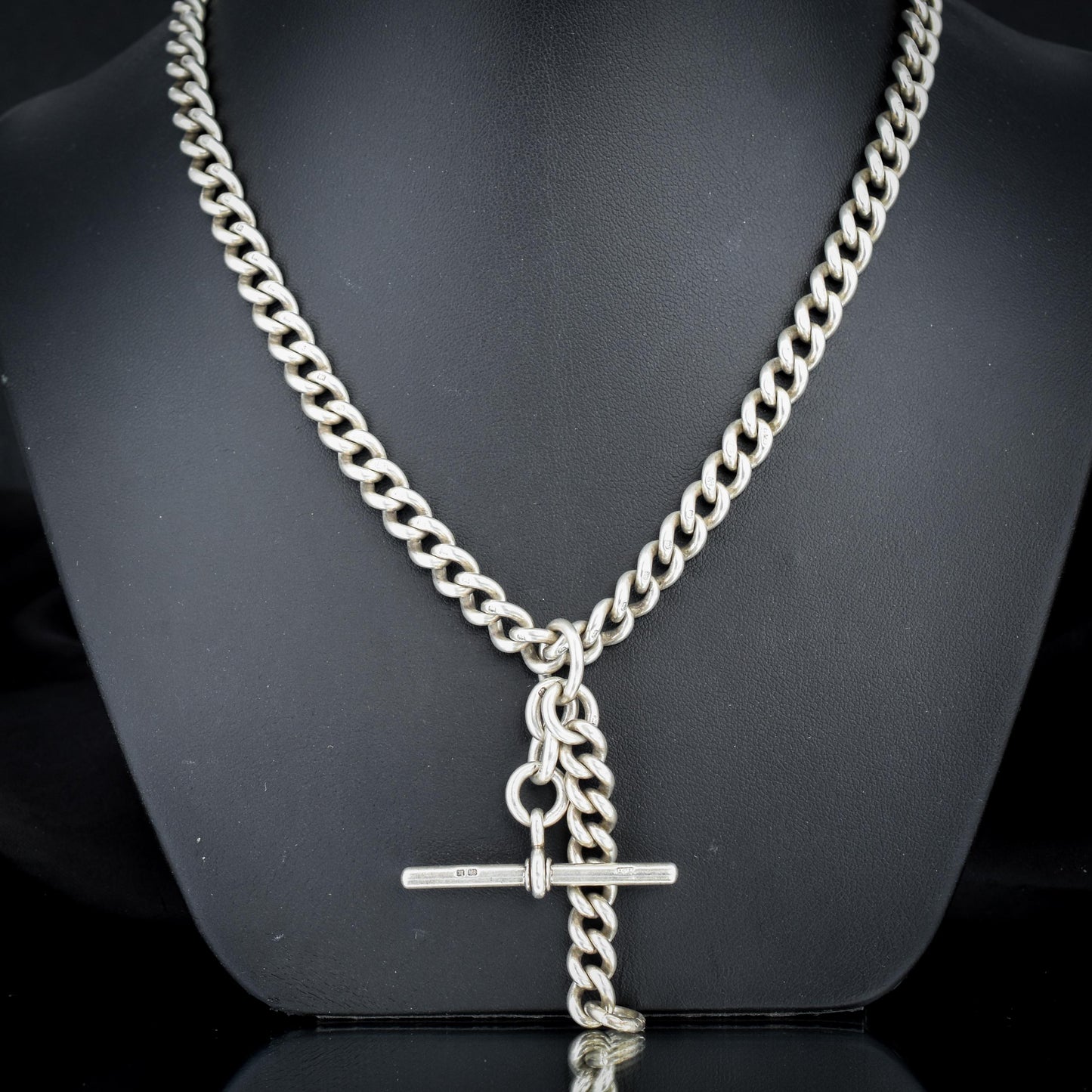 Antique Sterling Silver Curb Link Slider Double Albert Watch Chain – 17.25"
