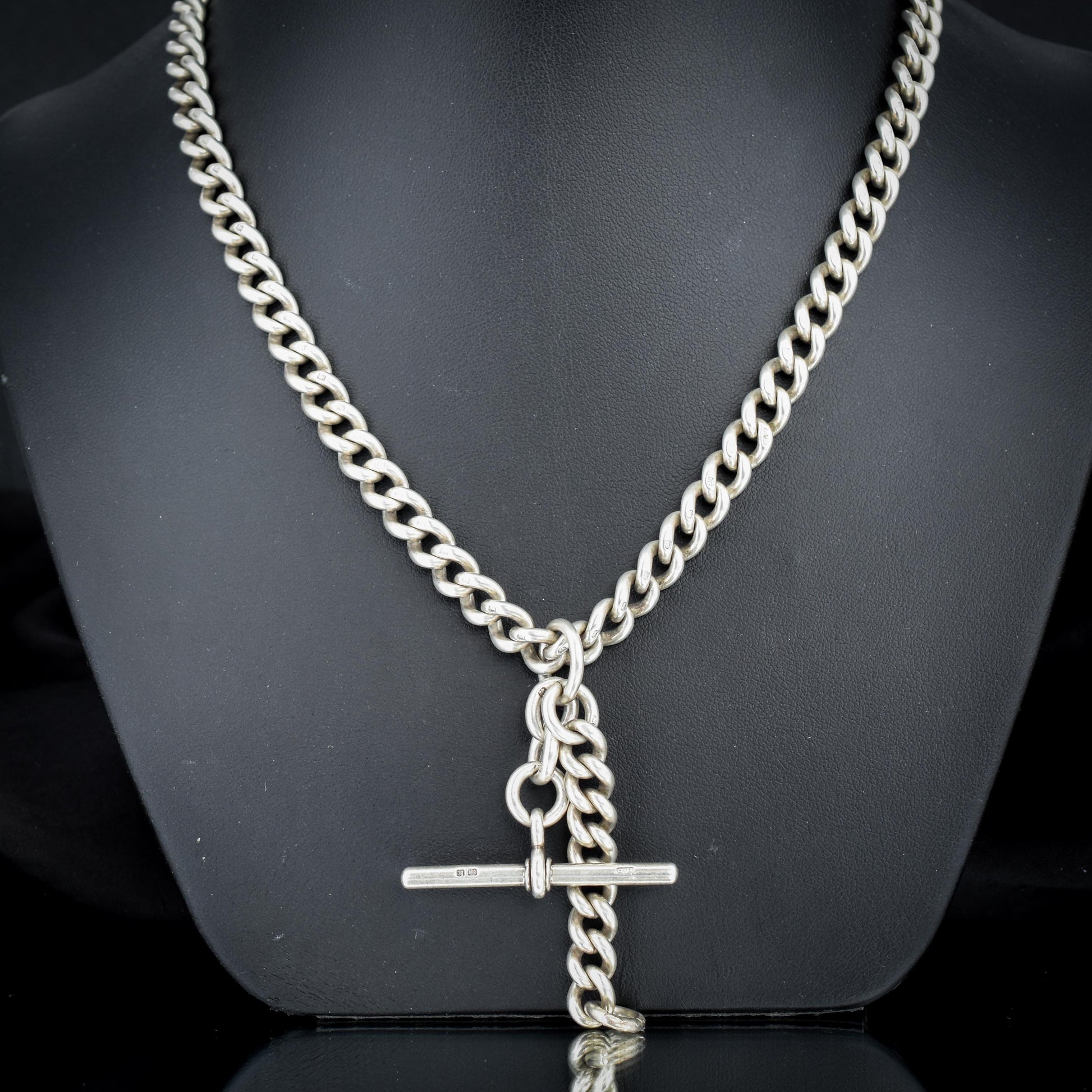 Antique Sterling Silver Curb Link Slider Double Albert Watch Chain – 17.25"